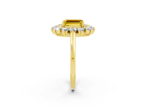 Yellow gold Emerald Cut Halo Cluster Diamond Ring with Pave Band and Four-Prong Setting_2