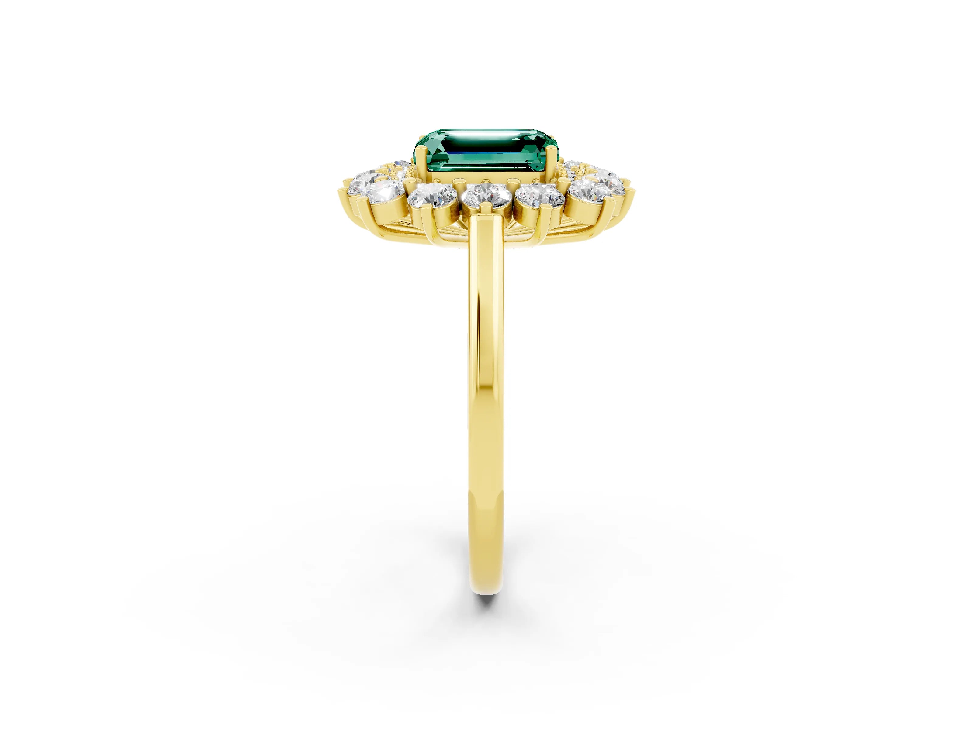 Yellow gold Emerald Cut Halo Cluster Diamond Ring with Pave Band and Four-Prong Setting_2