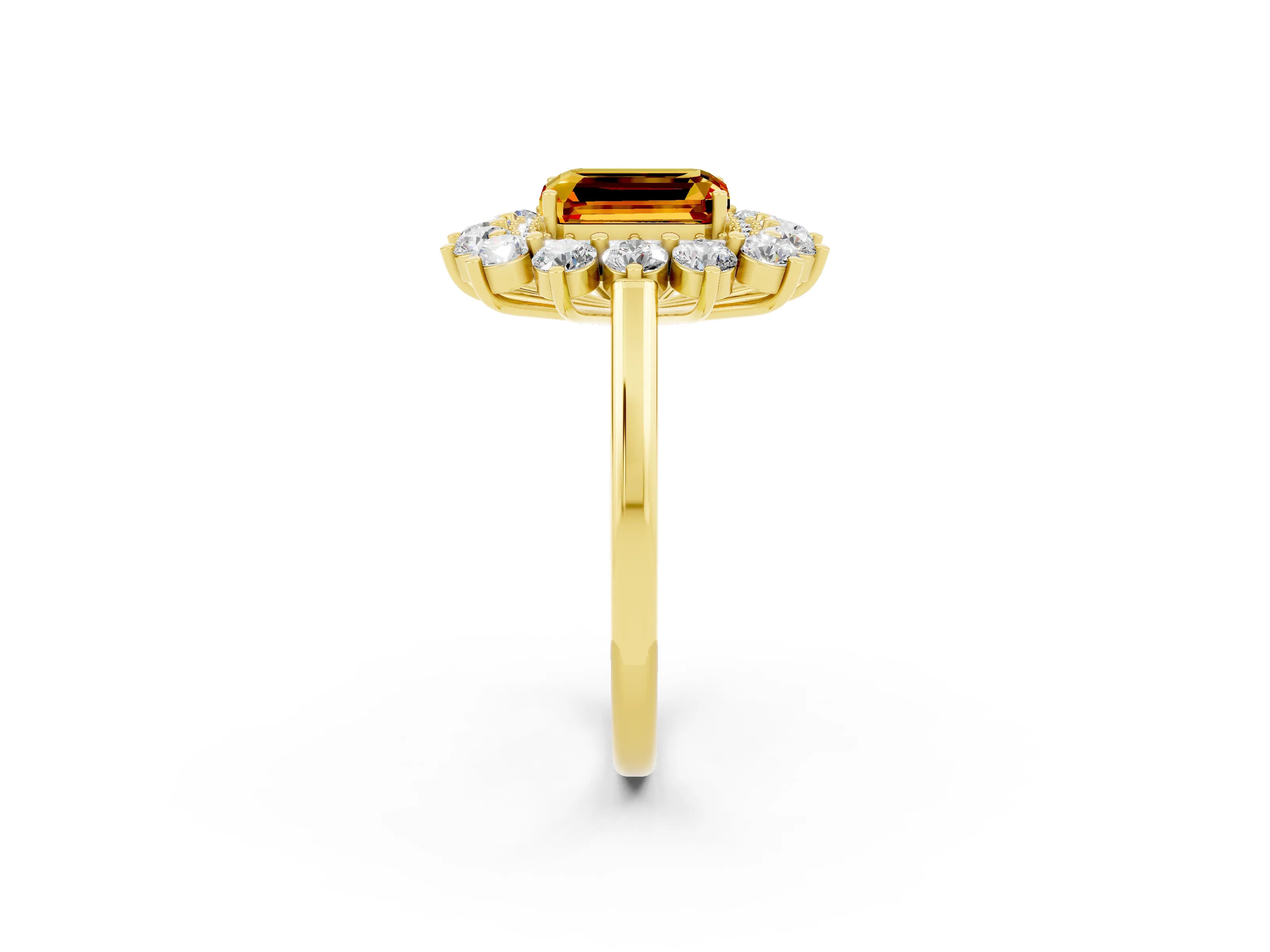 Yellow gold Emerald Cut Halo Cluster Diamond Ring with Pave Band and Four-Prong Setting_2
