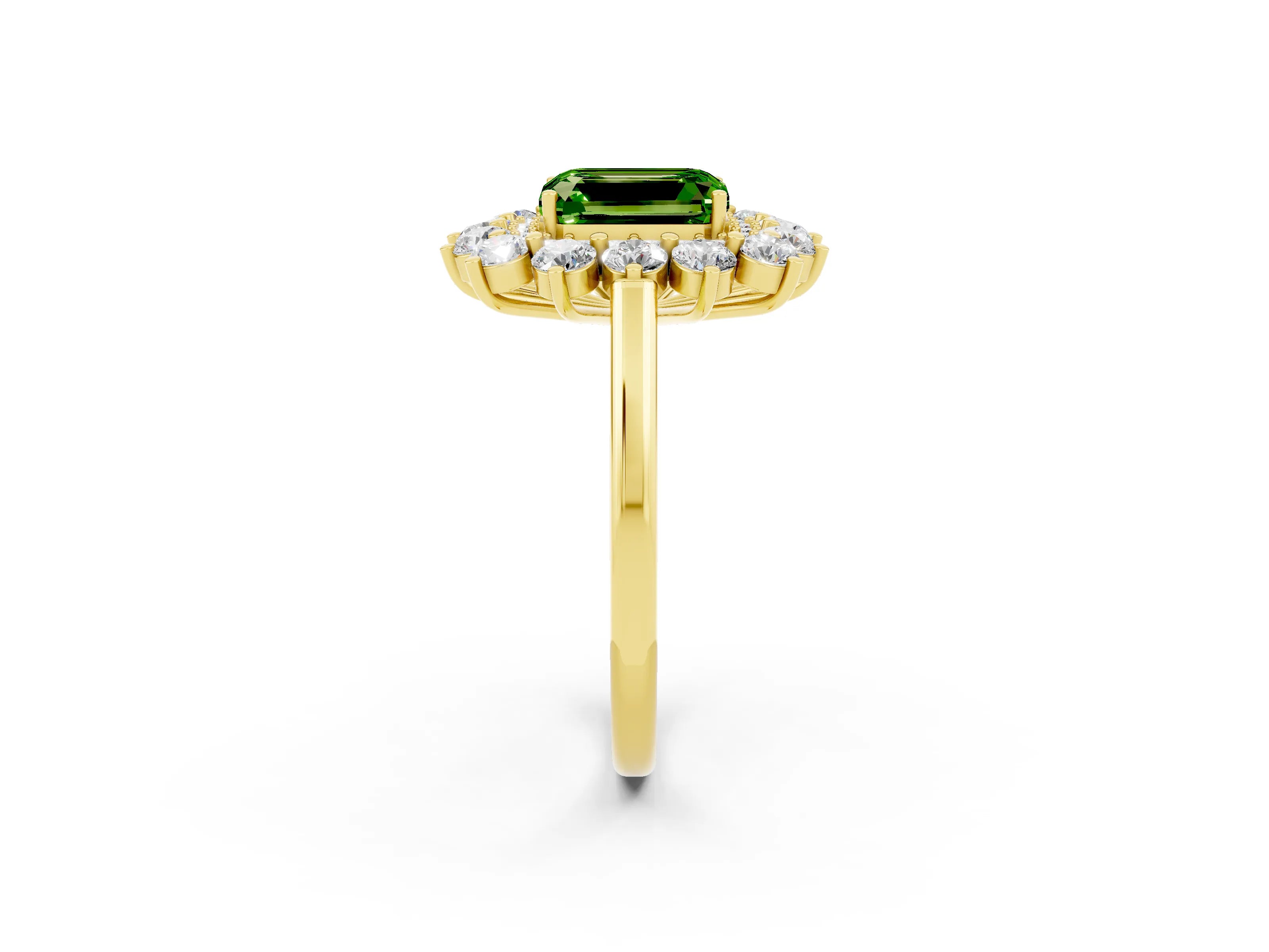 Yellow gold Emerald Cut Halo Cluster Diamond Ring with Pave Band and Four-Prong Setting_2