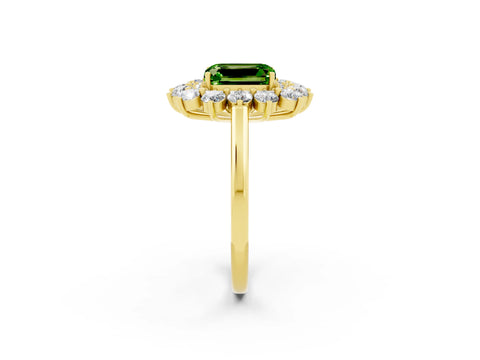 Yellow gold Emerald Cut Halo Cluster Diamond Ring with Pave Band and Four-Prong Setting_2