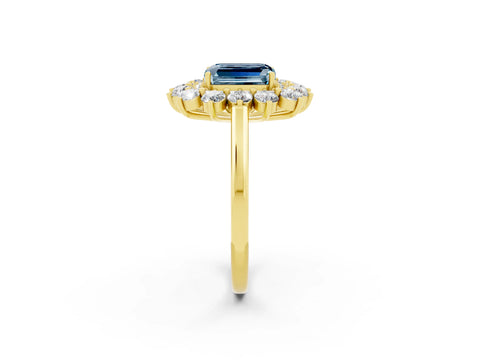 Yellow gold Emerald Cut Halo Cluster Diamond Ring with Pave Band and Four-Prong Setting_2