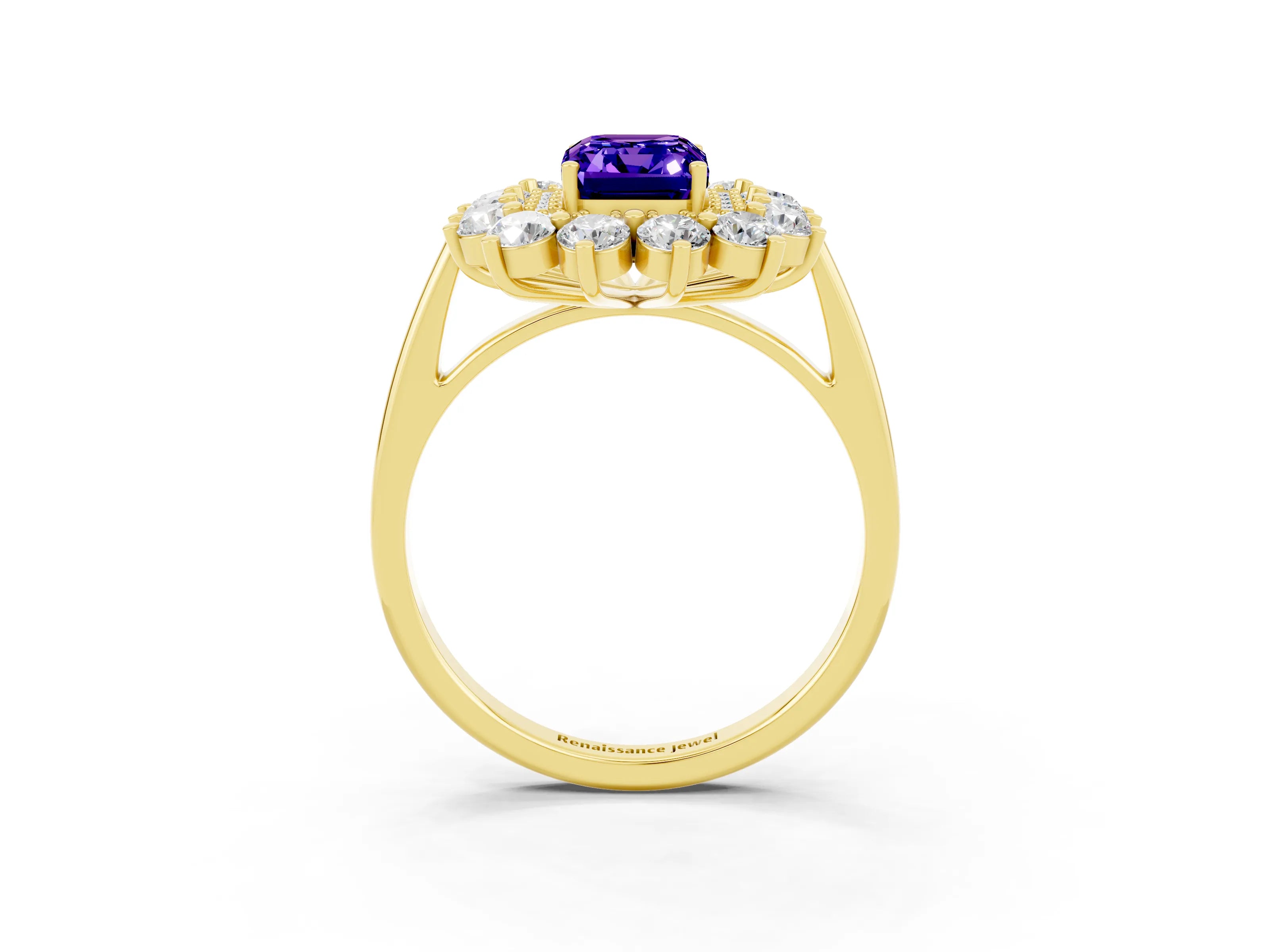 Yellow gold Emerald Cut Halo Cluster Diamond Ring with Pave Band and Four-Prong Setting_3