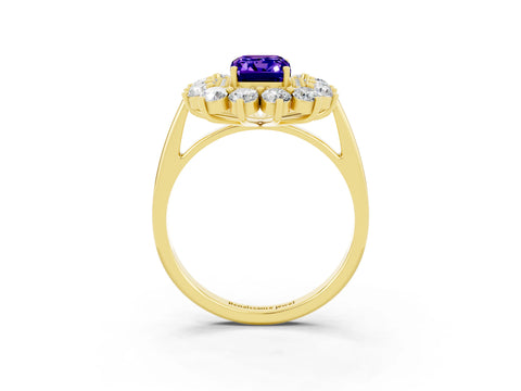 Yellow gold Emerald Cut Halo Cluster Diamond Ring with Pave Band and Four-Prong Setting_3