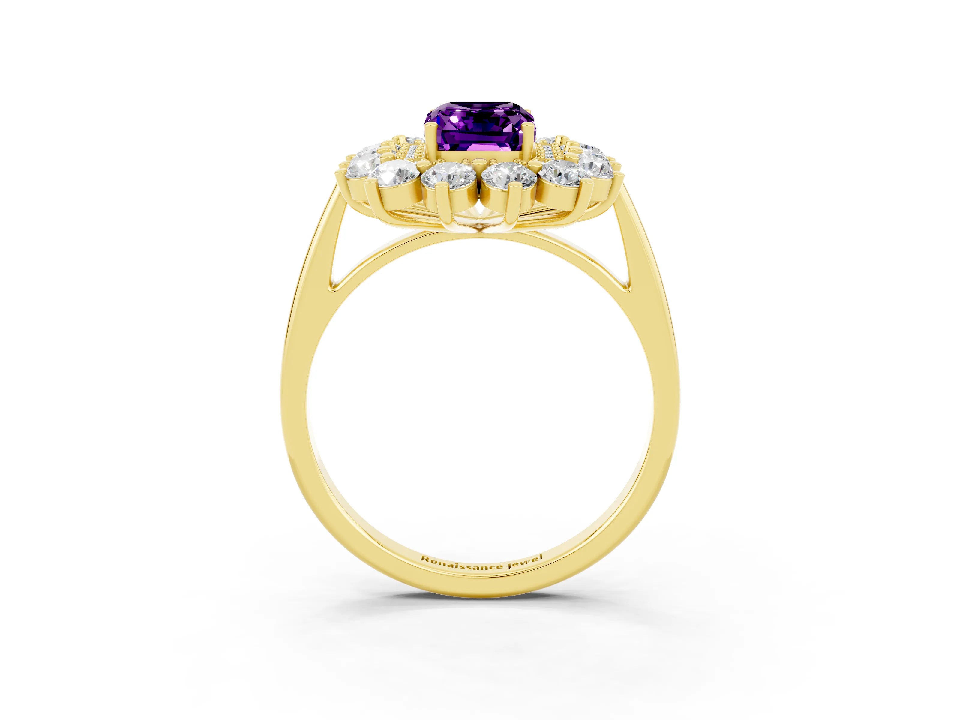 Yellow gold Emerald Cut Halo Cluster Diamond Ring with Pave Band and Four-Prong Setting_3