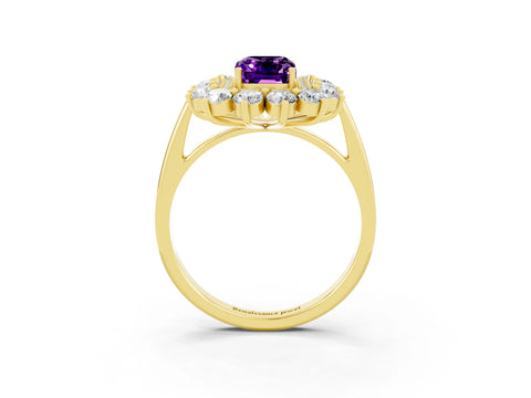 Yellow gold Emerald Cut Halo Cluster Diamond Ring with Pave Band and Four-Prong Setting_3