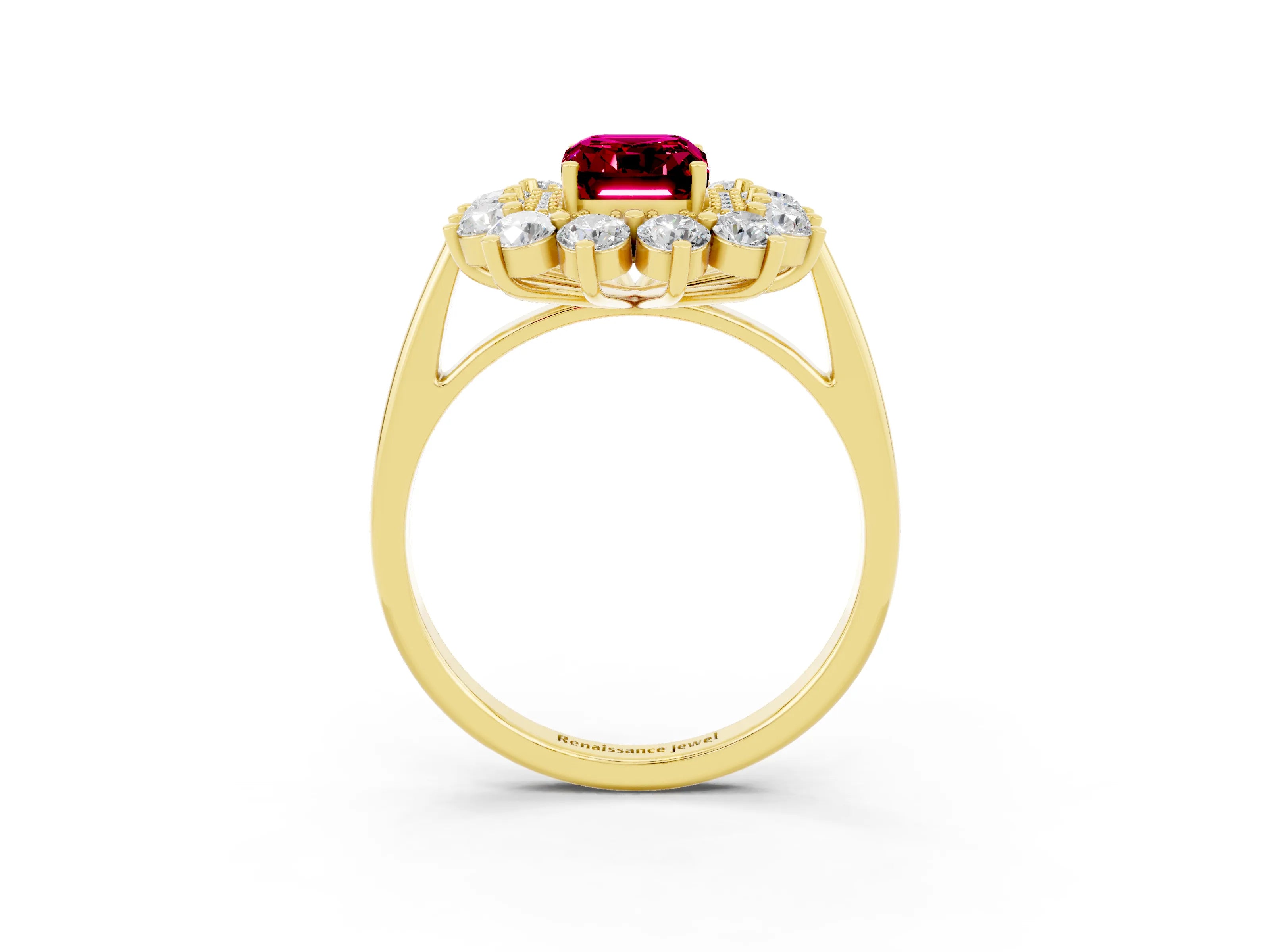 Yellow gold Emerald Cut Halo Cluster Diamond Ring with Pave Band and Four-Prong Setting_3