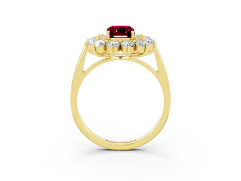 Yellow gold Emerald Cut Halo Cluster Diamond Ring with Pave Band and Four-Prong Setting_3