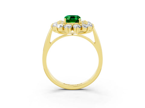 Yellow gold Emerald Cut Halo Cluster Diamond Ring with Pave Band and Four-Prong Setting_3