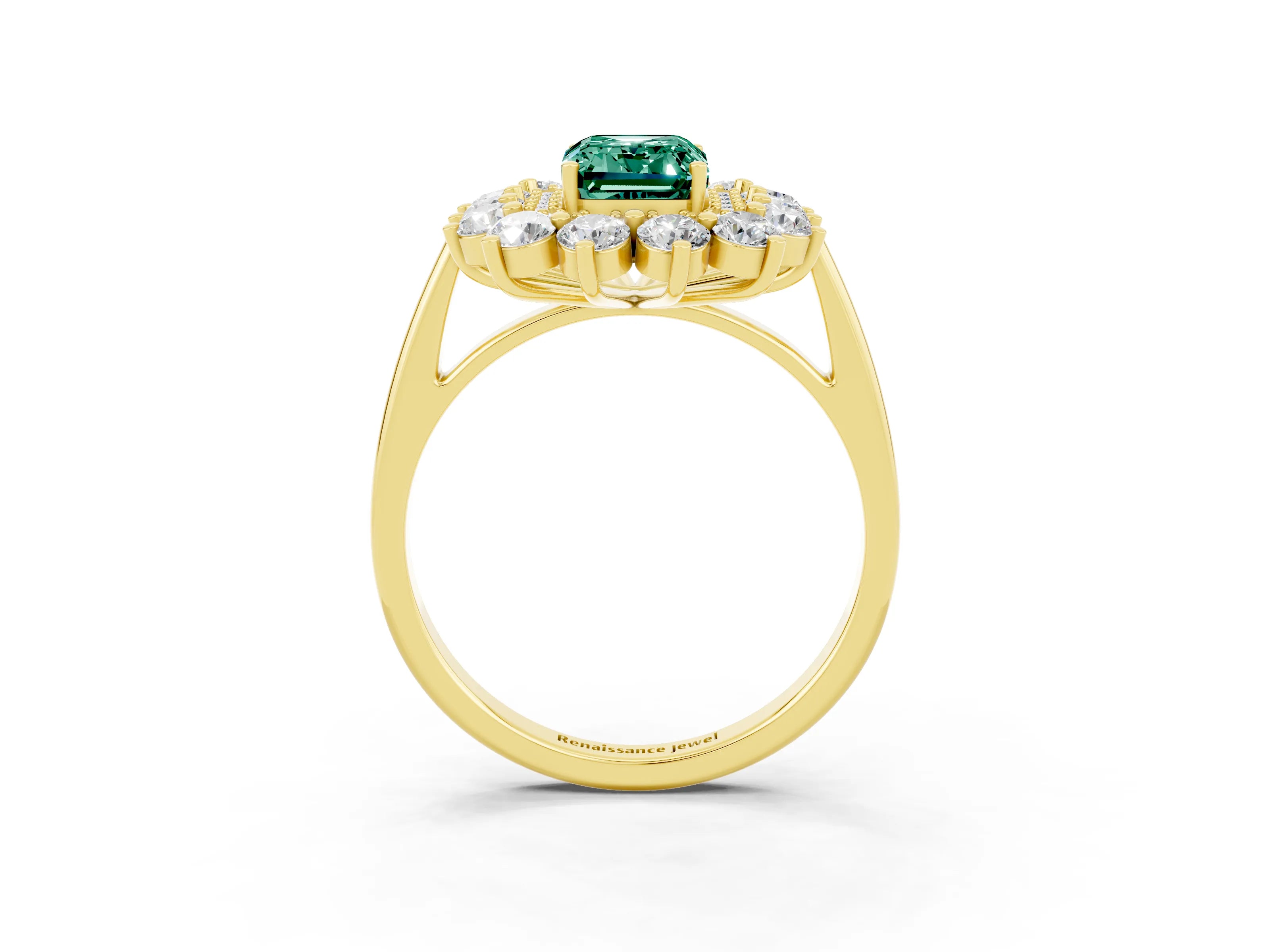 Yellow gold Emerald Cut Halo Cluster Diamond Ring with Pave Band and Four-Prong Setting_3