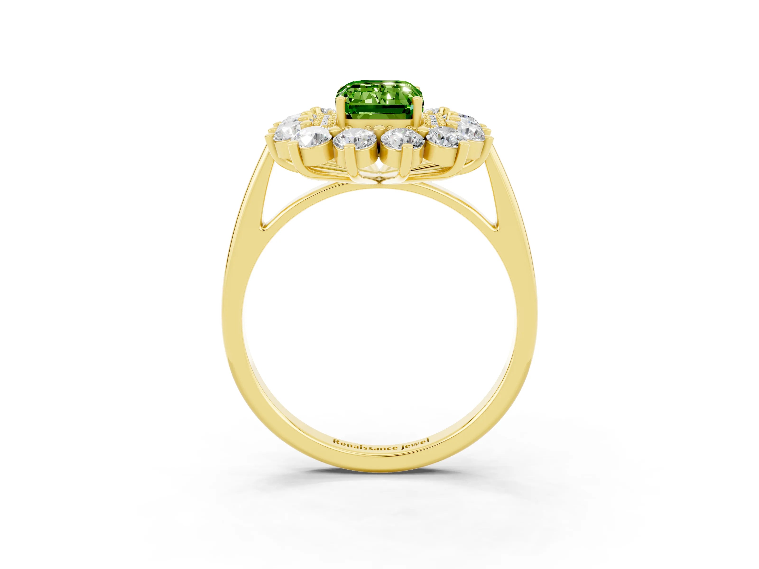 Yellow gold Emerald Cut Halo Cluster Diamond Ring with Pave Band and Four-Prong Setting_3