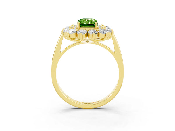 Yellow gold Emerald Cut Halo Cluster Diamond Ring with Pave Band and Four-Prong Setting