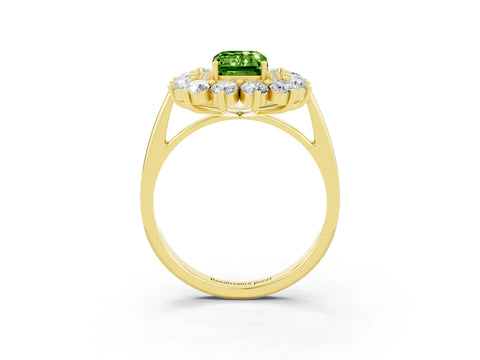 Yellow gold Emerald Cut Halo Cluster Diamond Ring with Pave Band and Four-Prong Setting_3