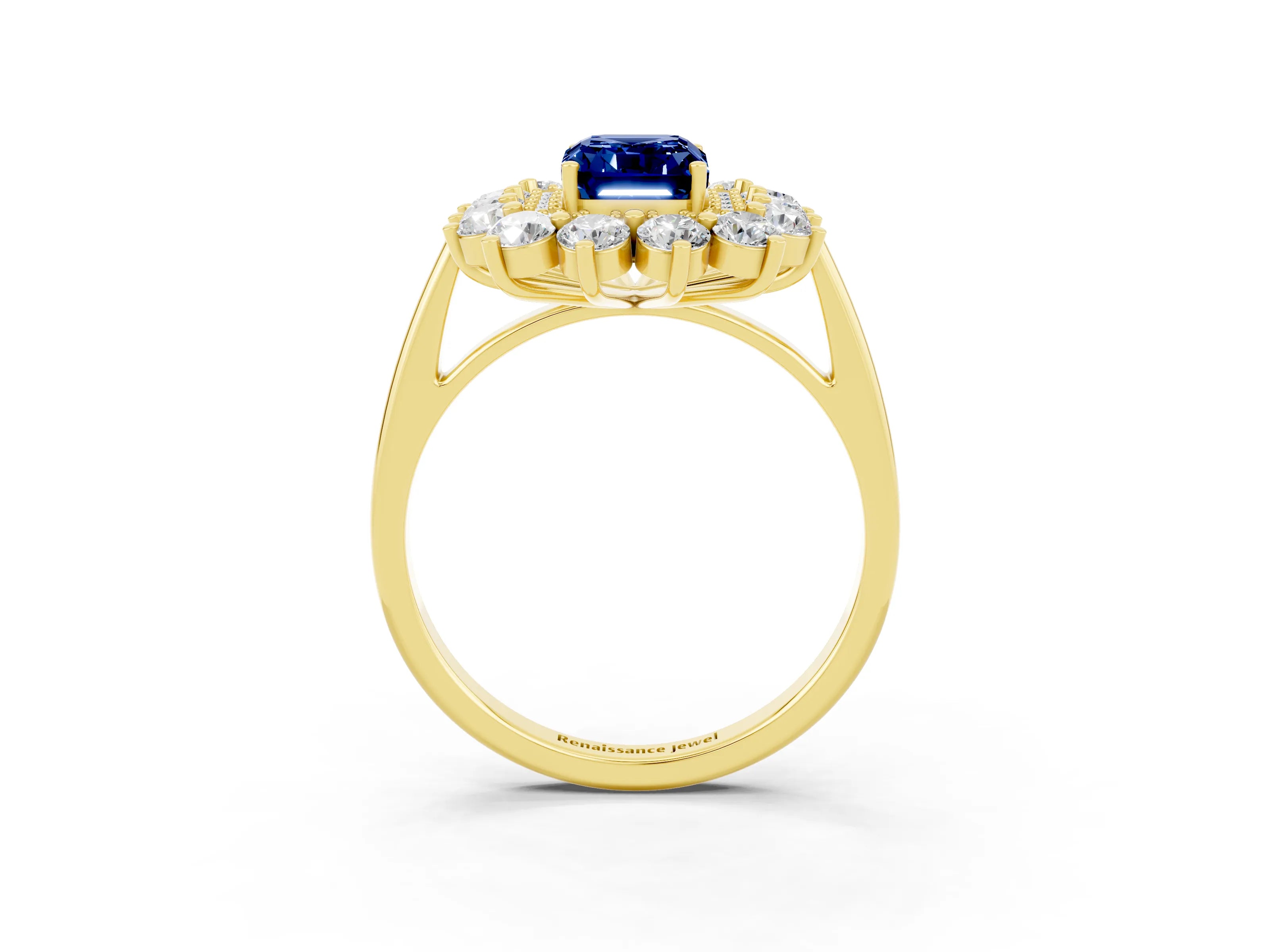 Yellow gold Emerald Cut Halo Cluster Diamond Ring with Pave Band and Four-Prong Setting_3