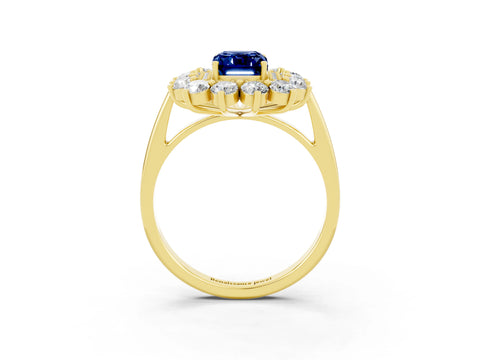 Yellow gold Emerald Cut Halo Cluster Diamond Ring with Pave Band and Four-Prong Setting_3