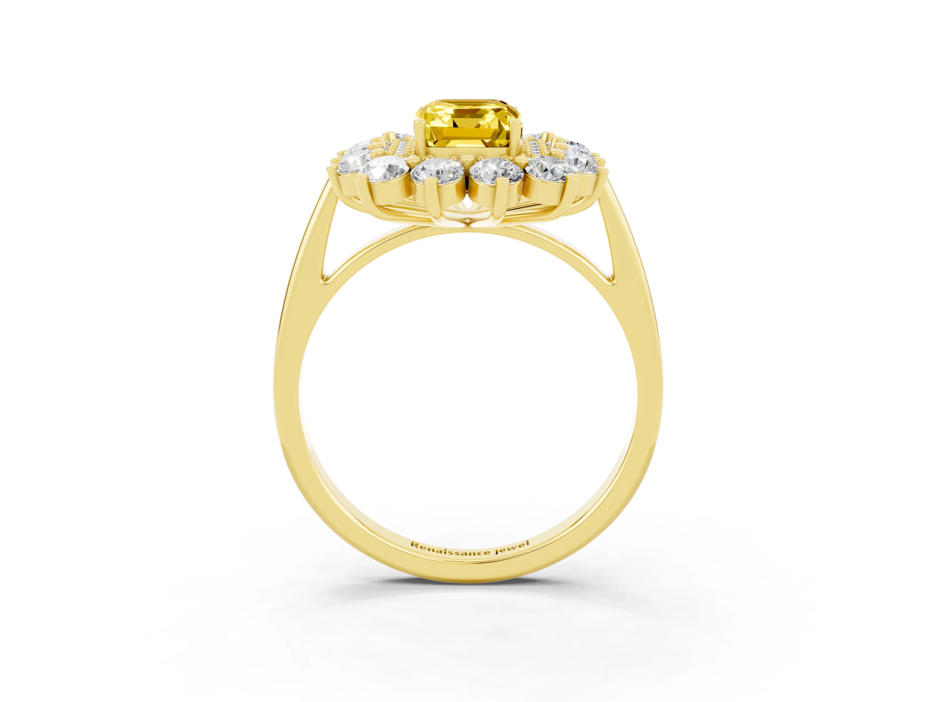 Yellow gold Emerald Cut Halo Cluster Diamond Ring with Pave Band and Four-Prong Setting_3