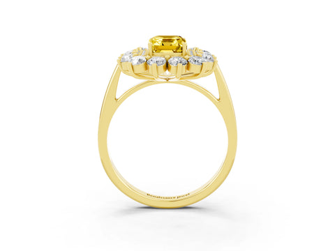 Yellow gold Emerald Cut Halo Cluster Diamond Ring with Pave Band and Four-Prong Setting_3