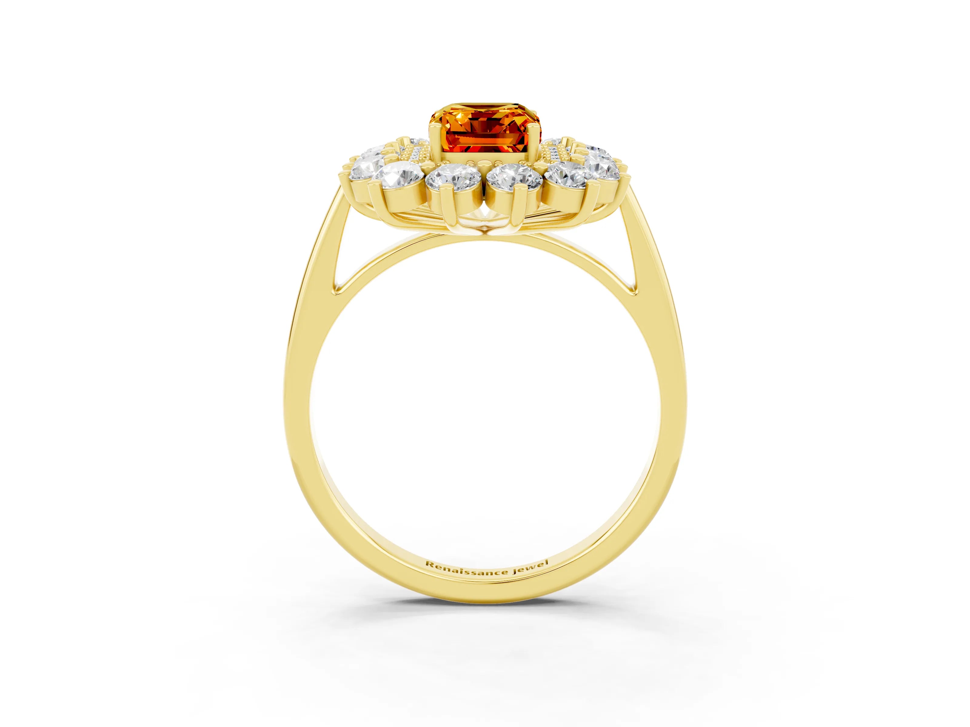 Yellow gold Emerald Cut Halo Cluster Diamond Ring with Pave Band and Four-Prong Setting_3