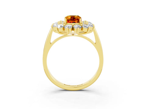 Yellow gold Emerald Cut Halo Cluster Diamond Ring with Pave Band and Four-Prong Setting_3