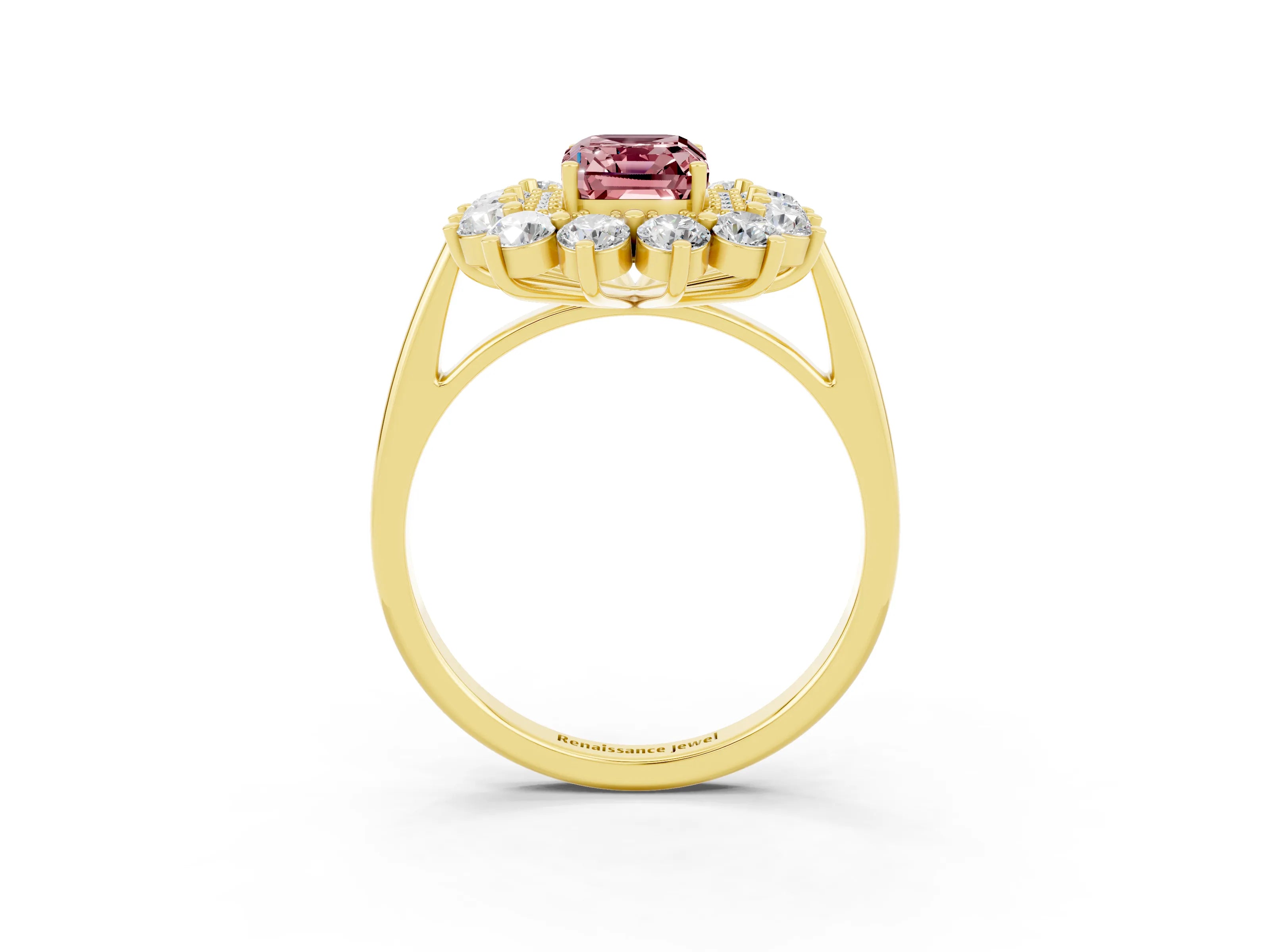 Yellow gold Emerald Cut Halo Cluster Diamond Ring with Pave Band and Four-Prong Setting_3
