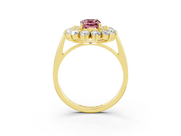 Yellow gold Emerald Cut Halo Cluster Diamond Ring with Pave Band and Four-Prong Setting