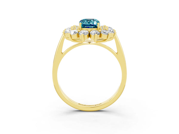 Yellow gold Emerald Cut Halo Cluster Diamond Ring with Pave Band and Four-Prong Setting