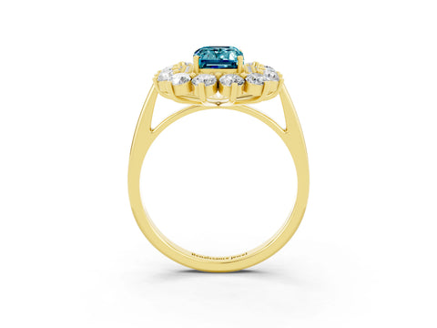 Yellow gold Emerald Cut Halo Cluster Diamond Ring with Pave Band and Four-Prong Setting_3