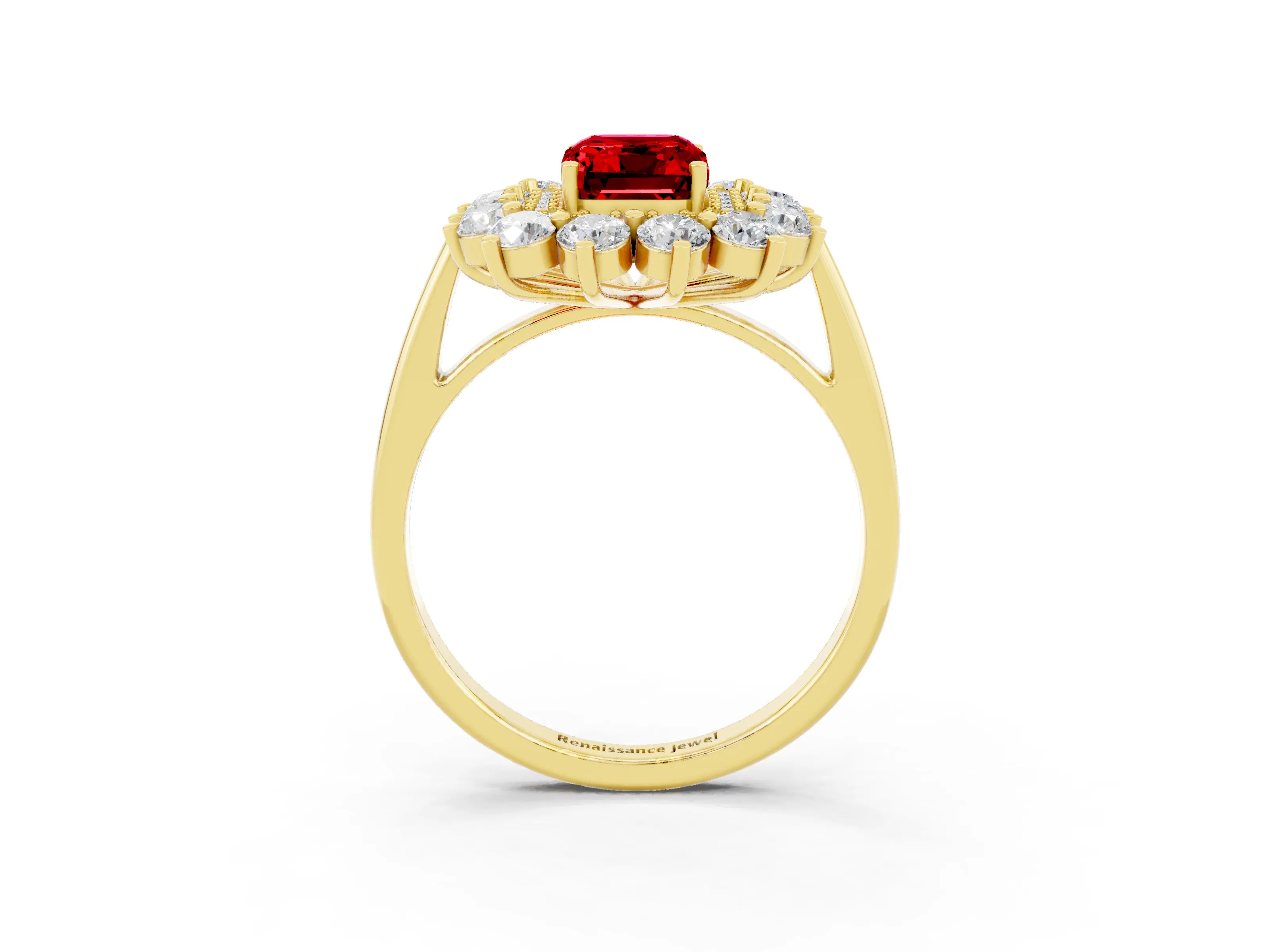 Yellow gold Emerald Cut Halo Cluster Diamond Ring with Pave Band and Four-Prong Setting_3