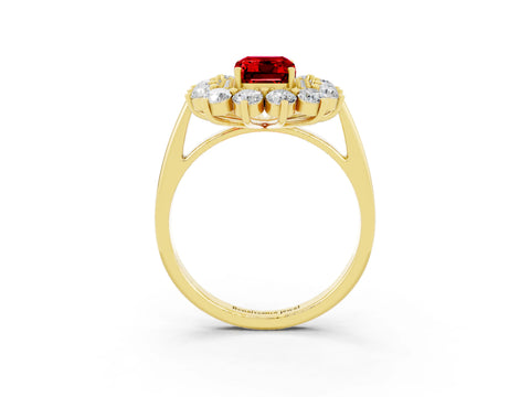 Yellow gold Emerald Cut Halo Cluster Diamond Ring with Pave Band and Four-Prong Setting_3