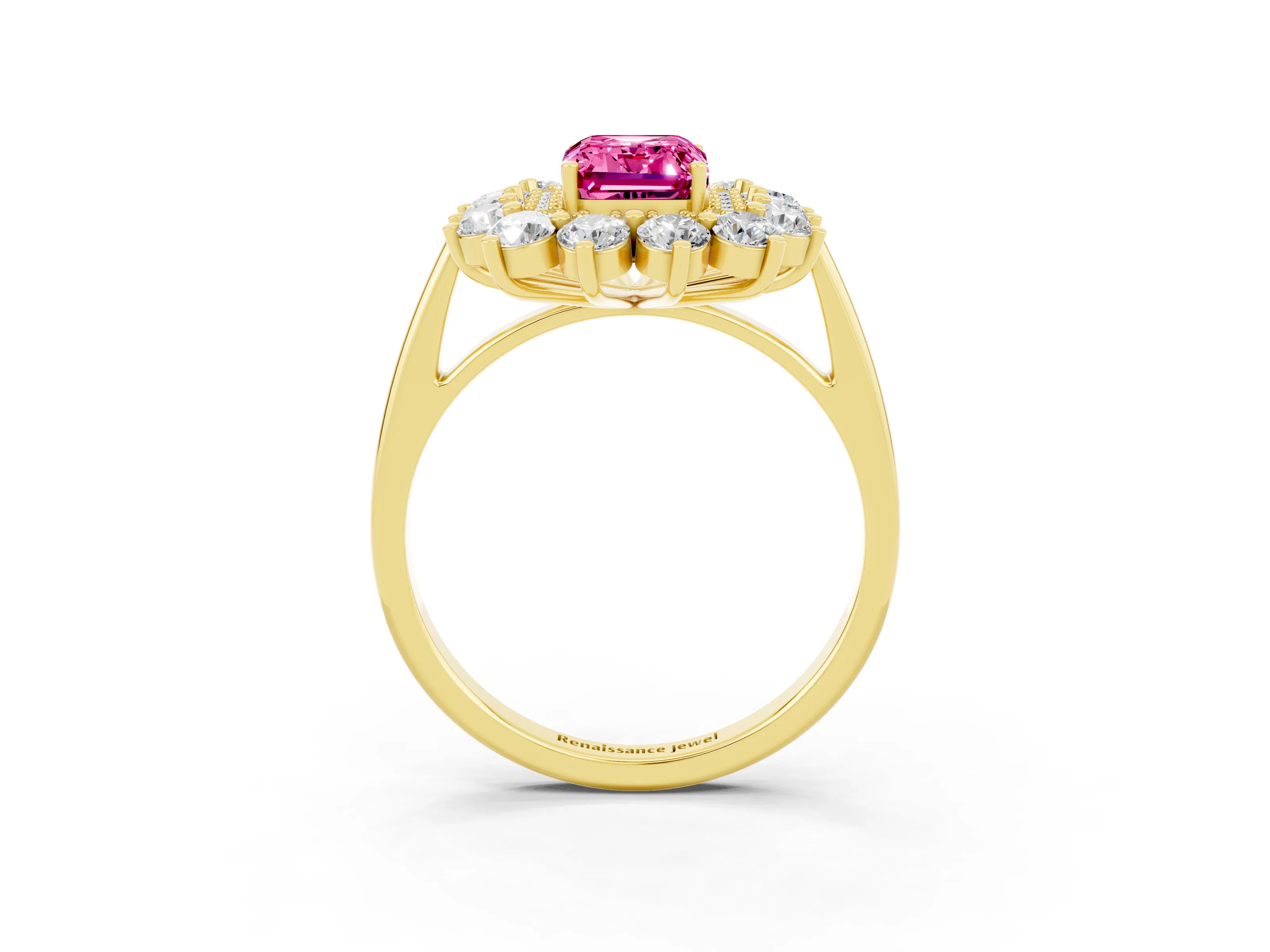 Yellow gold Emerald Cut Halo Cluster Diamond Ring with Pave Band and Four-Prong Setting_3