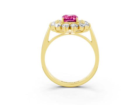 Yellow gold Emerald Cut Halo Cluster Diamond Ring with Pave Band and Four-Prong Setting_3