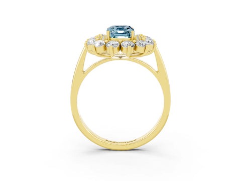 Yellow gold Emerald Cut Halo Cluster Diamond Ring with Pave Band and Four-Prong Setting_3