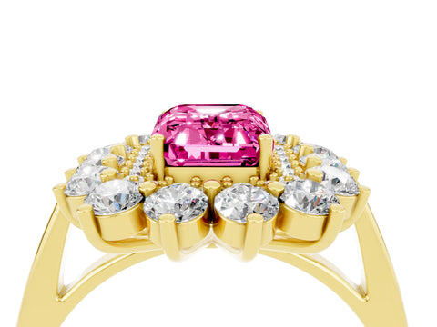 Yellow gold Emerald Cut Halo Cluster Diamond Ring with Pave Band and Four-Prong Setting_4