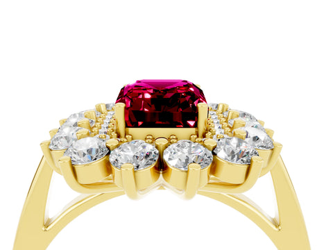 Yellow gold Emerald Cut Halo Cluster Diamond Ring with Pave Band and Four-Prong Setting_4