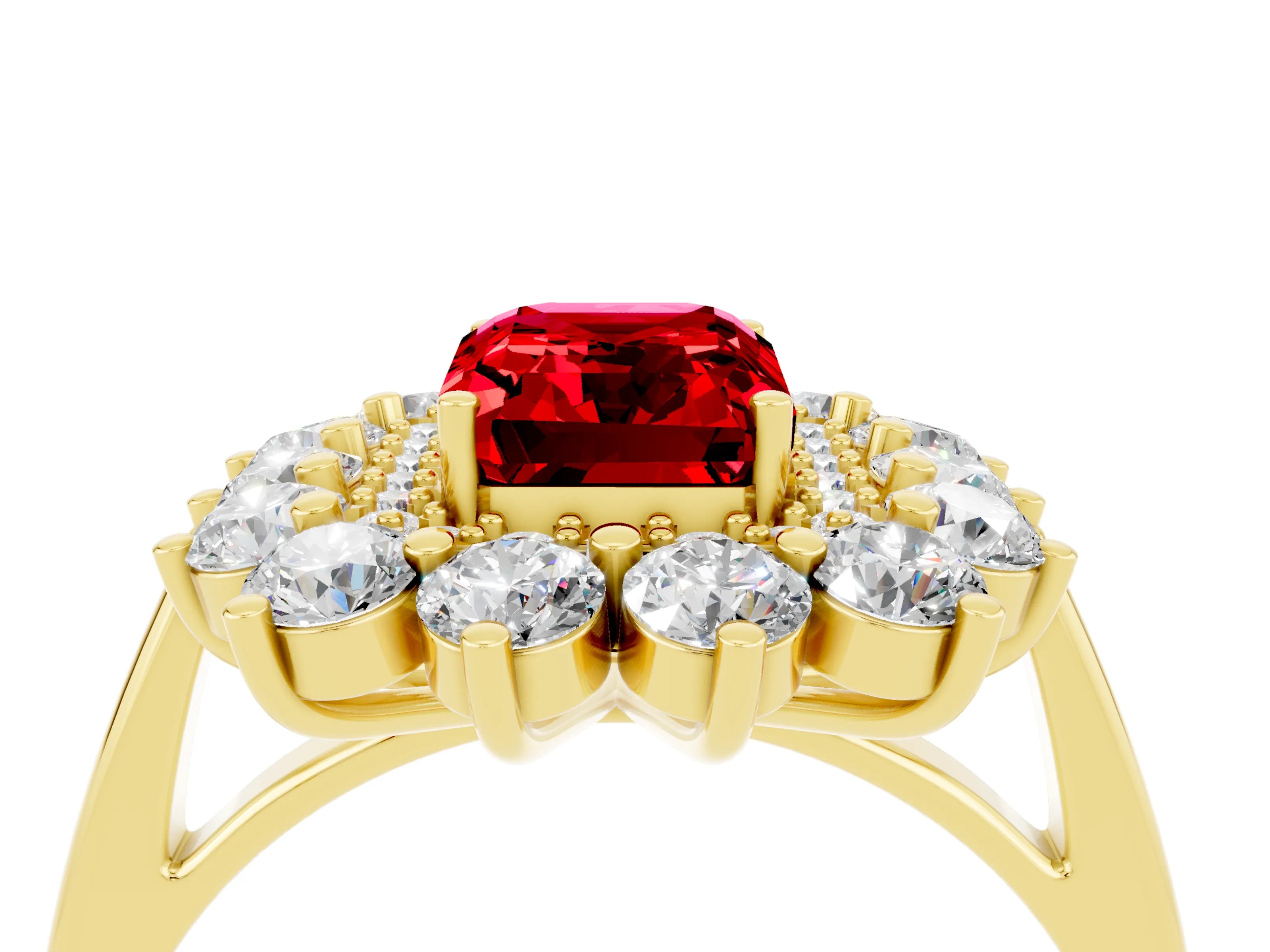 Yellow gold Emerald Cut Halo Cluster Diamond Ring with Pave Band and Four-Prong Setting_4