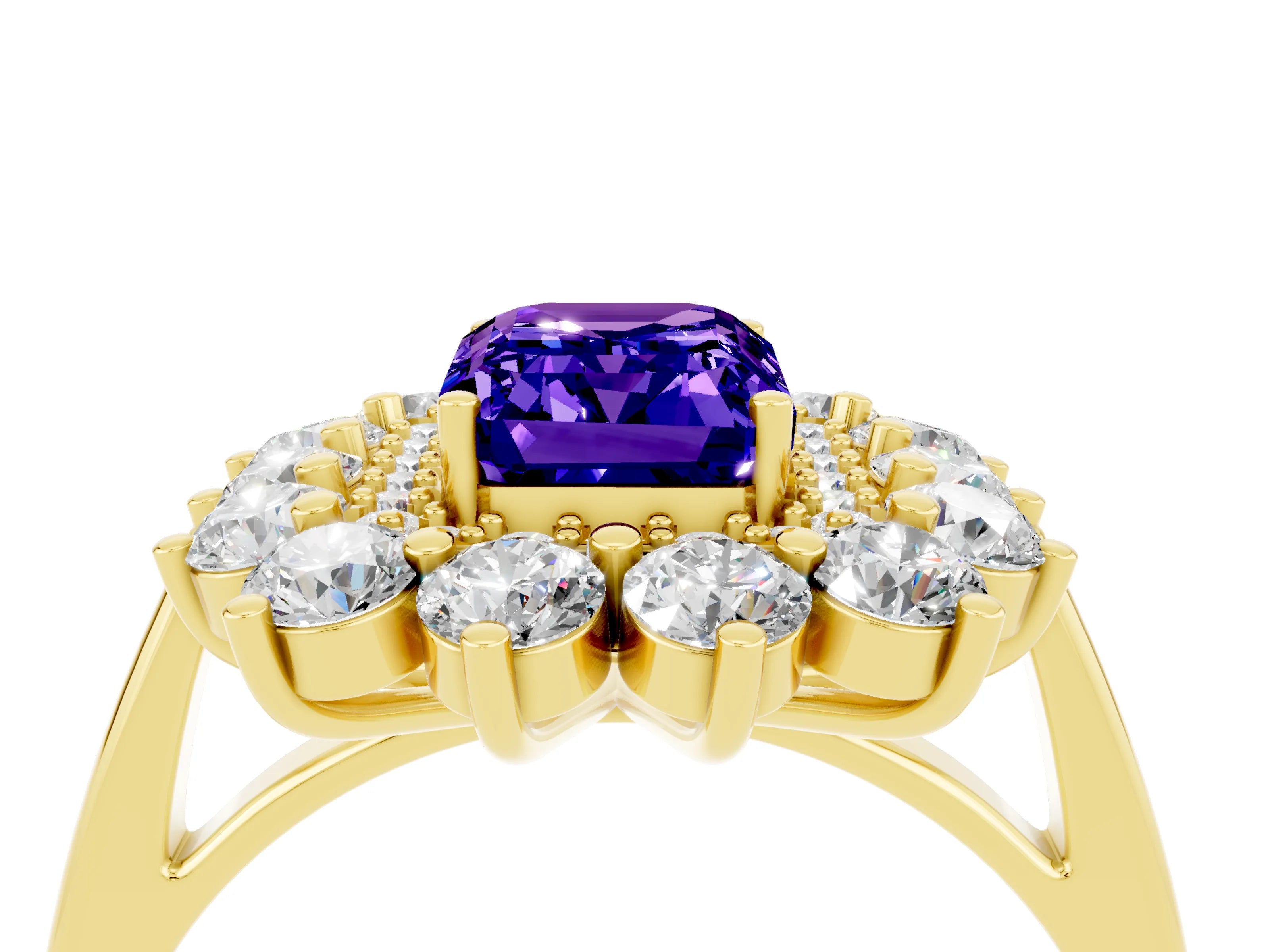 Yellow gold Emerald Cut Halo Cluster Diamond Ring with Pave Band and Four-Prong Setting_4