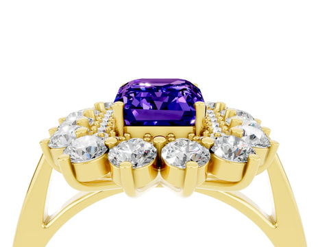 Yellow gold Emerald Cut Halo Cluster Diamond Ring with Pave Band and Four-Prong Setting_4