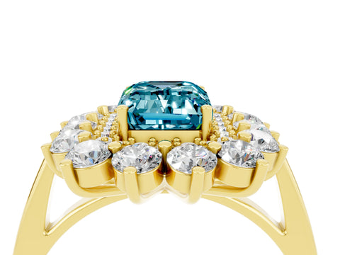 Yellow gold Emerald Cut Halo Cluster Diamond Ring with Pave Band and Four-Prong Setting_4