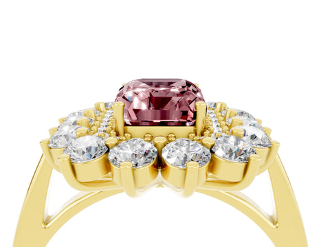 Yellow gold Emerald Cut Halo Cluster Diamond Ring with Pave Band and Four-Prong Setting_4