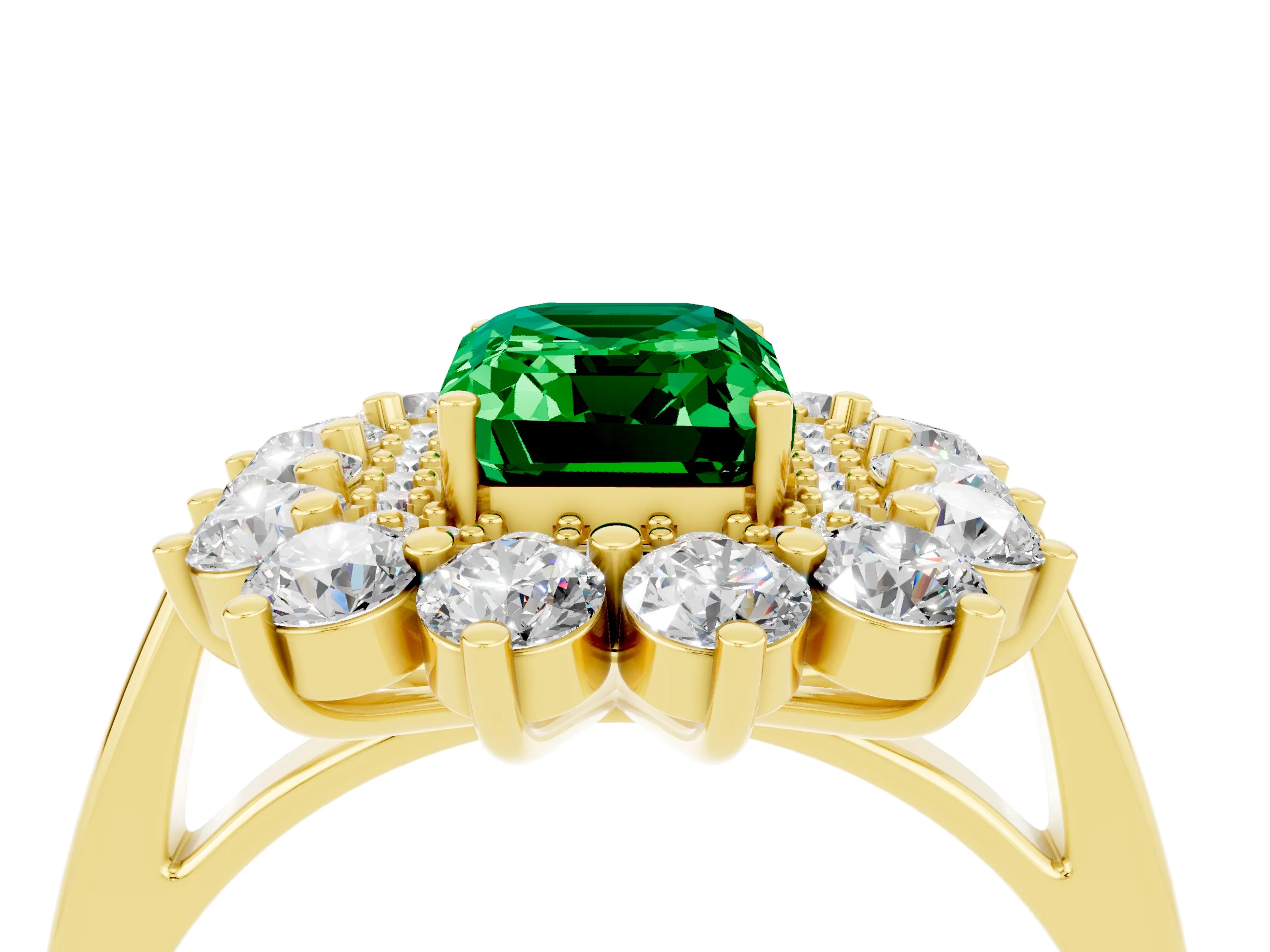 Yellow gold Emerald Cut Halo Cluster Diamond Ring with Pave Band and Four-Prong Setting_4