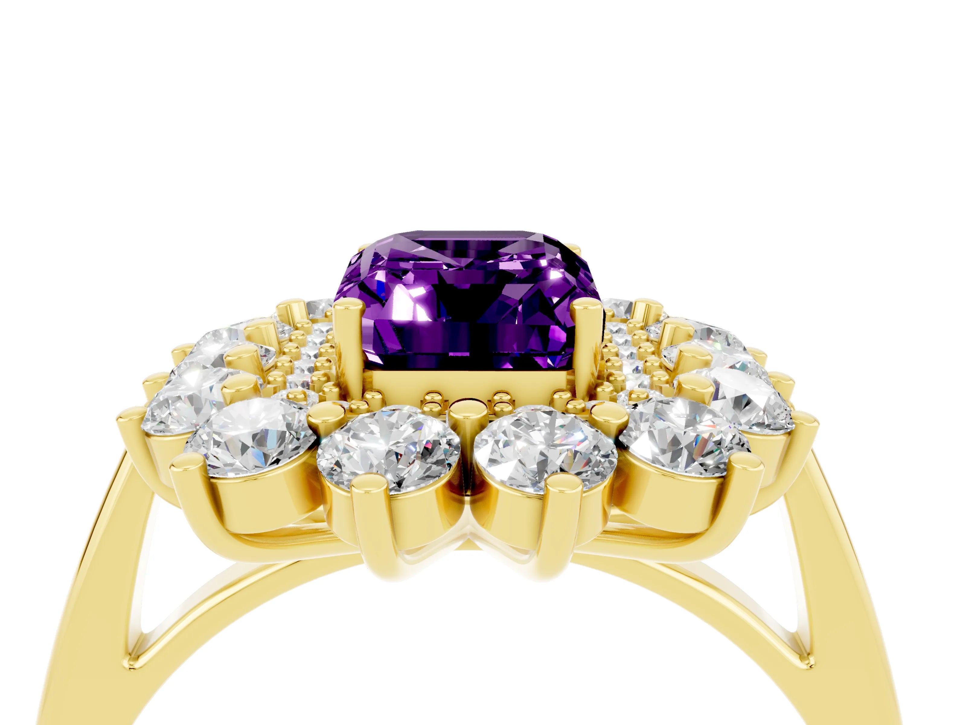 Yellow gold Emerald Cut Halo Cluster Diamond Ring with Pave Band and Four-Prong Setting_4