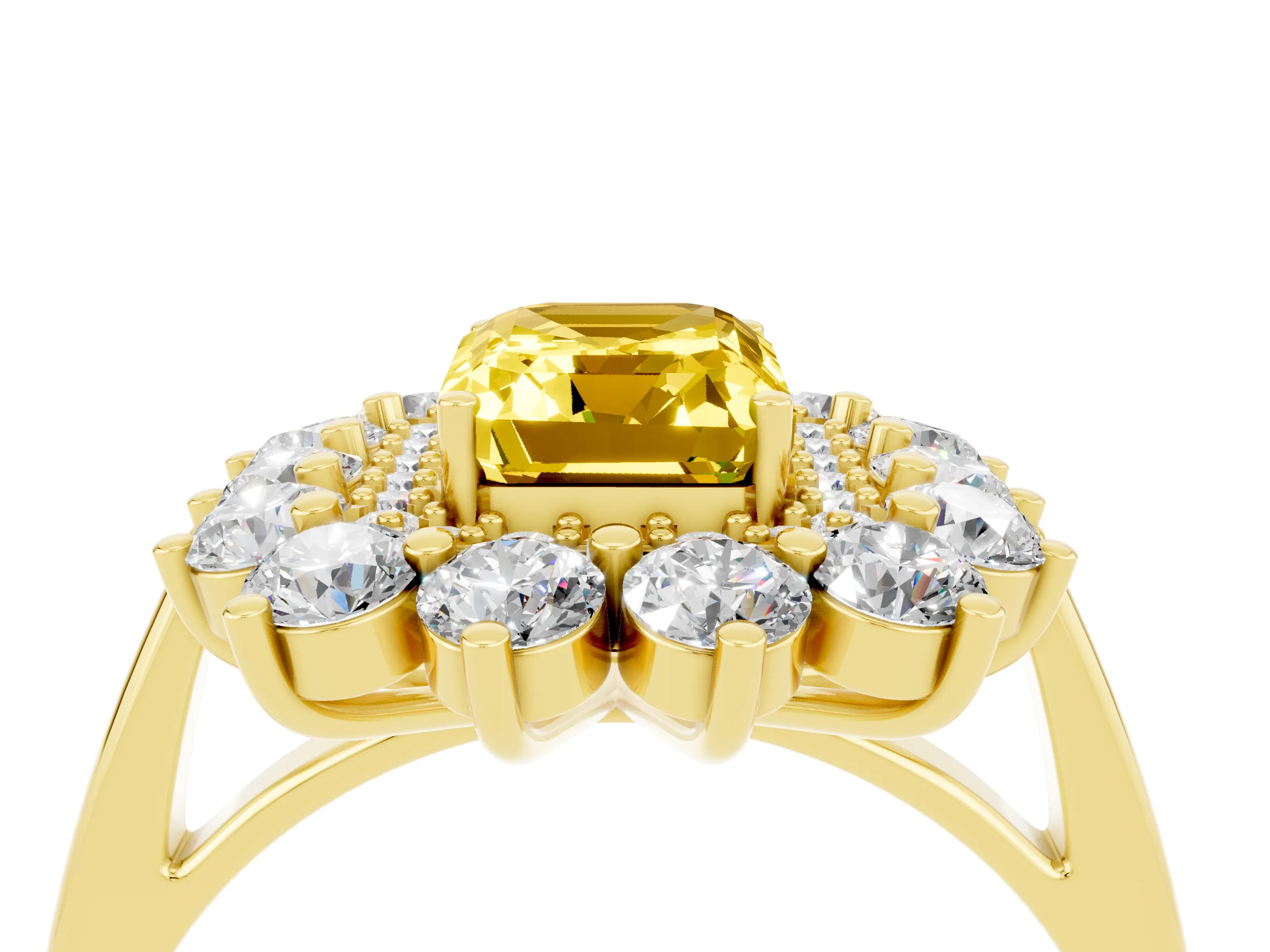 Yellow gold Emerald Cut Halo Cluster Diamond Ring with Pave Band and Four-Prong Setting_4