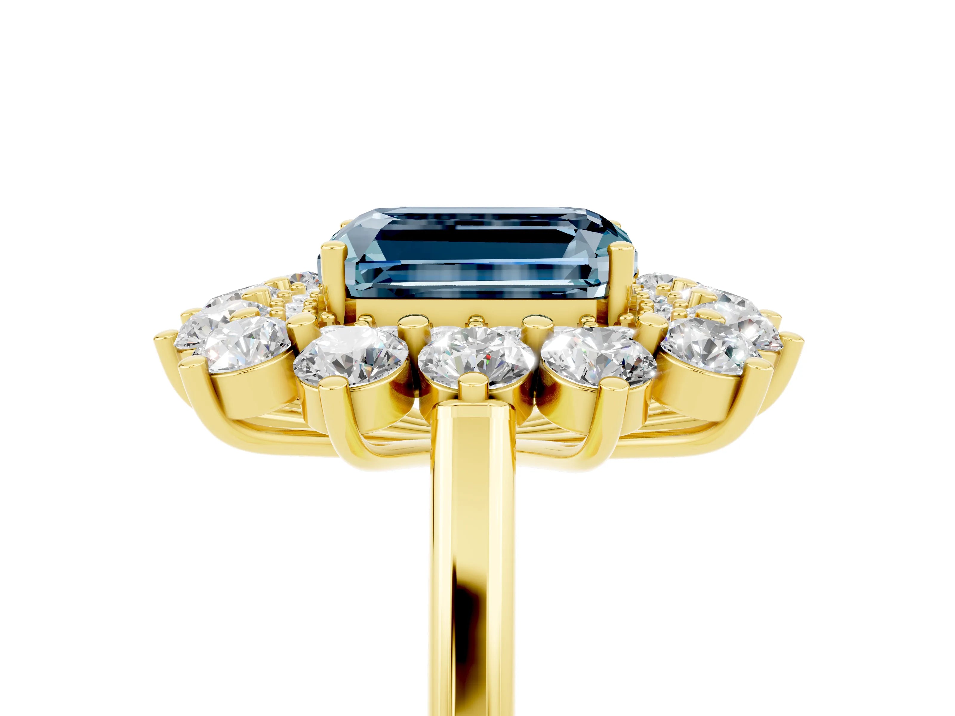 Yellow gold Emerald Cut Halo Cluster Diamond Ring with Pave Band and Four-Prong Setting_5