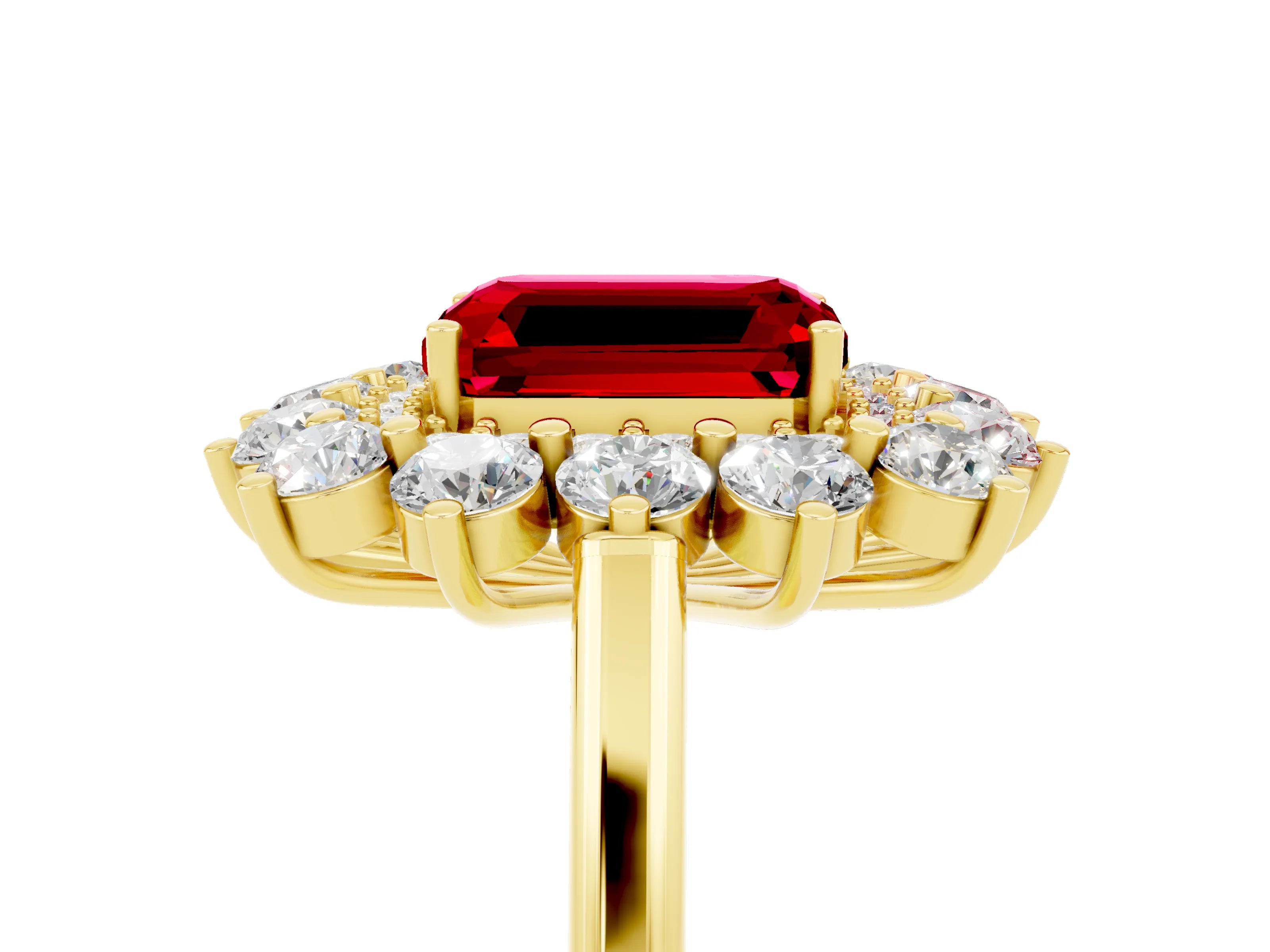 Yellow gold Emerald Cut Halo Cluster Diamond Ring with Pave Band and Four-Prong Setting_5