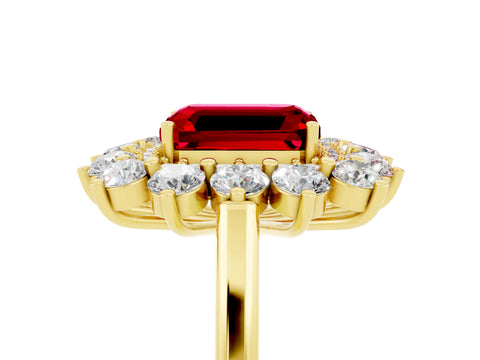 Yellow gold Emerald Cut Halo Cluster Diamond Ring with Pave Band and Four-Prong Setting_5