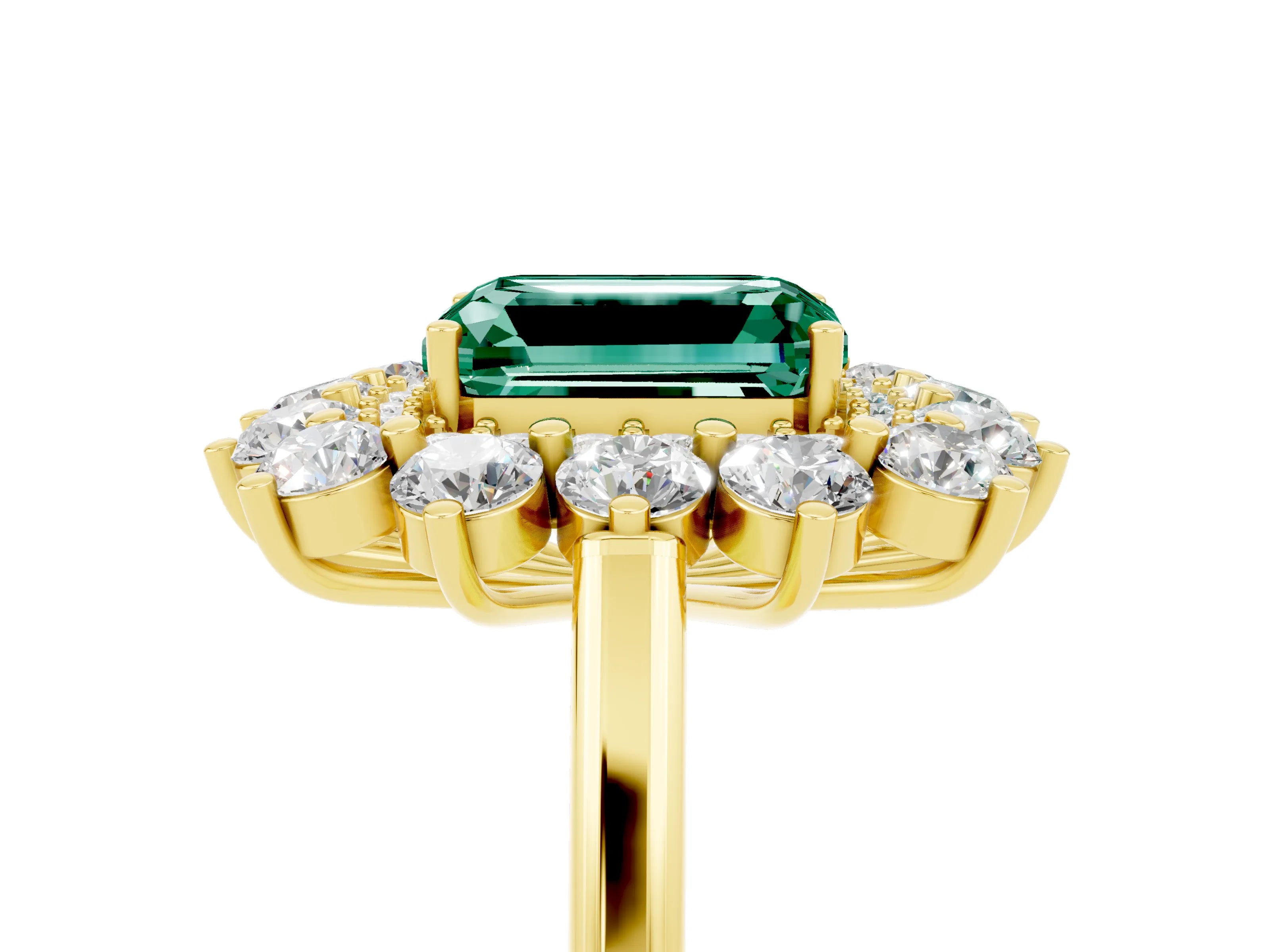 Yellow gold Emerald Cut Halo Cluster Diamond Ring with Pave Band and Four-Prong Setting_5