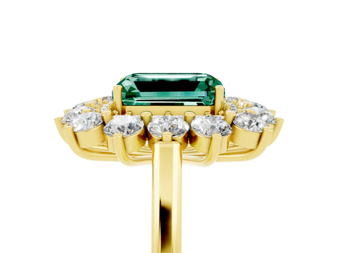 Yellow gold Emerald Cut Halo Cluster Diamond Ring with Pave Band and Four-Prong Setting_5