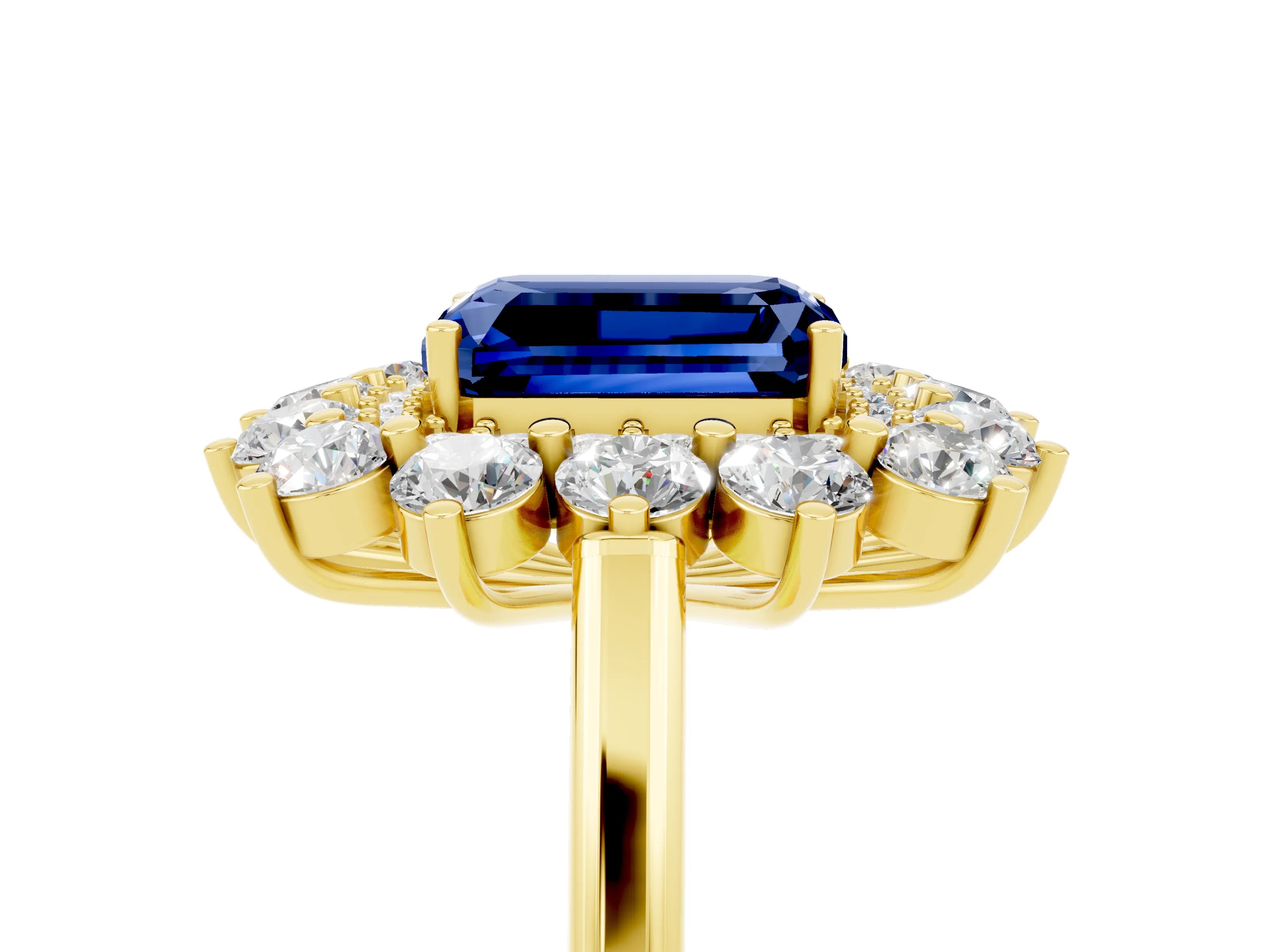 Yellow gold Emerald Cut Halo Cluster Diamond Ring with Pave Band and Four-Prong Setting_5