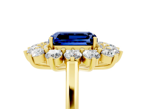 Yellow gold Emerald Cut Halo Cluster Diamond Ring with Pave Band and Four-Prong Setting_5