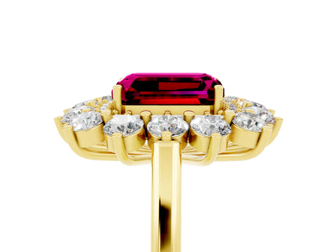 Yellow gold Emerald Cut Halo Cluster Diamond Ring with Pave Band and Four-Prong Setting_5